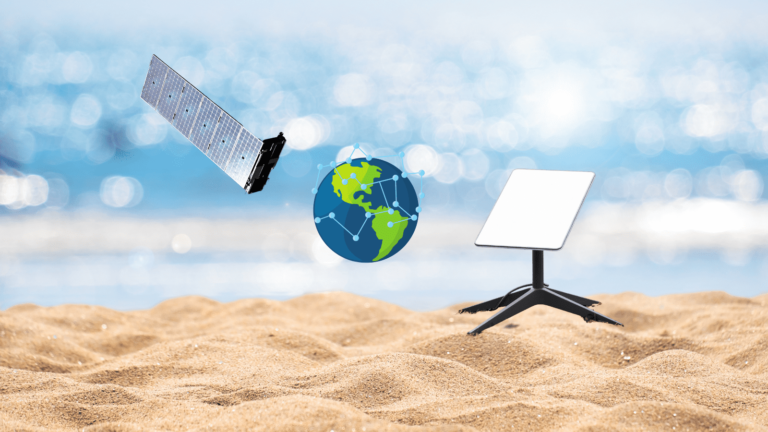 Starlink-Satellit und -Antenne an einem sonnigen Strand, symbolisiert globale Konnektivität.