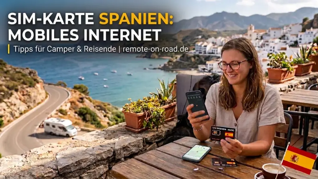 Frau mit Smartphone und Spanien-SIM-Karte mit Küstenblick – mobiles Internet in Spanien für Camper.
