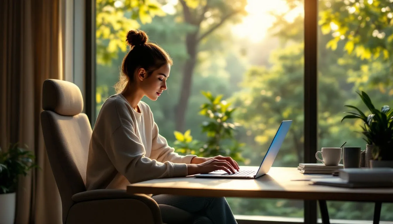 Eine Person arbeitet an einem Laptop in einem gemütlichen Homeoffice, was das Konzept von Remote Work verdeutlicht.