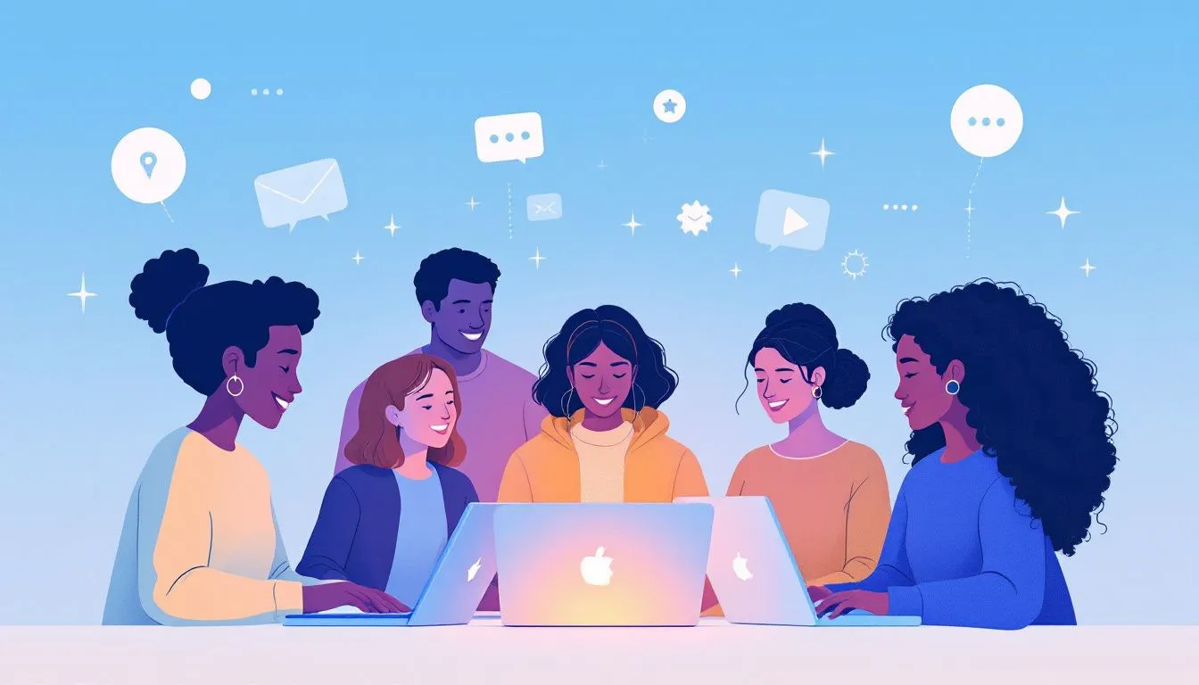 Ein Team von Mitarbeitern, das virtuell zusammenarbeitet, was die Herausforderungen und Lösungen beim Remote Work darstellt.