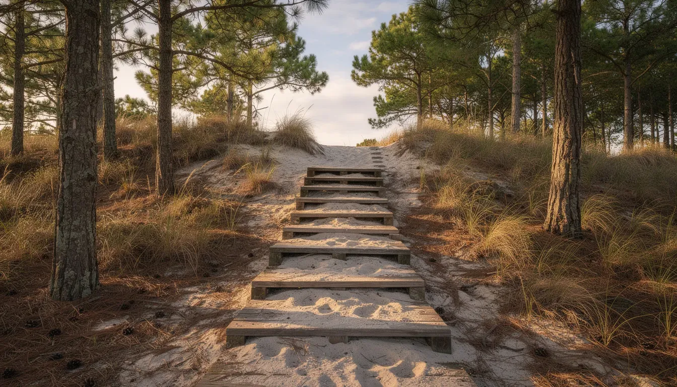 Eine Holztreppe führt hinauf zur Düne von Pilat, umgeben von hohen Kiefern, die Schatten spenden. Im Hintergrund erstreckt sich die beeindruckende Landschaft der Sanddüne, die sich majestätisch gegen den Himmel abhebt und einen Blick auf das Meer und die Bucht von Arcachon bietet.