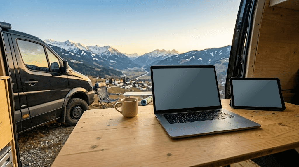 Laptop auf einem Holztisch vor österreichischem Alpenpanorama mit einer SIM-Karte im Vordergrund