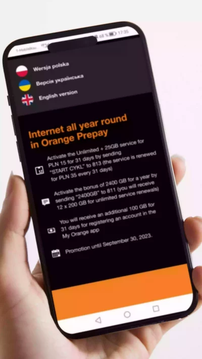 Ein auszug der Webseite von Orange, einem Prepaid Anbieter aus Polen.